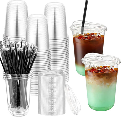 100 Set 16oz Clear Plastic Cups with Sip Lids and Straws,Disposable iced coffee cups with lids for Cold Drinks,Smoothies, Juices,Round Bottom To Go Coffee Cups for Party,Picnic (16, ounces)