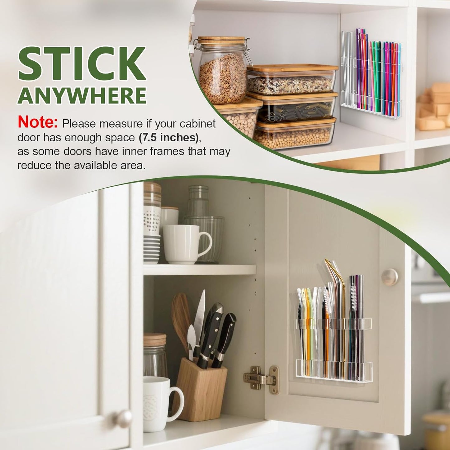 Malldii 9.5" Large Acrylic Straw Holder for Cabinet Door - Reusable Tumbler Straw Organizer Storage, Small Kitchen Accessories Container, Ultra Sticky Cupboard Door Mounted (Transparent)