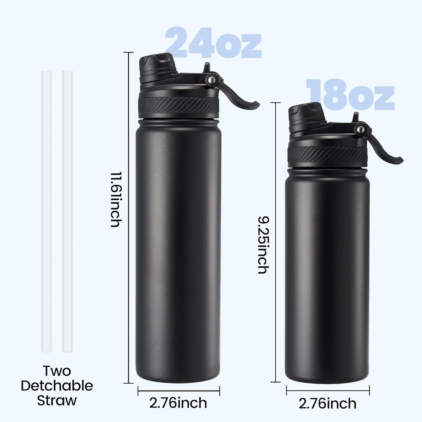 Fijinhom 18 oz Insulated Water Bottle, 2-in-1 Straw and Spout Lid Stainless Steel Thermos, Leak-Proof, Double Wall Vacuum Flask, Keep Cold 24H for Outdoor, Sports, Travel, School (Black)