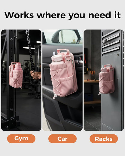 Magnetic Gym Bag for Men Women-Water Bottle Carrier Holder with Strap & Phone Pockets for 40oz Tumbler with Handle, 4 Built-in Magnets Small Gym Bag for Sports, Concert Airline Travel Walking