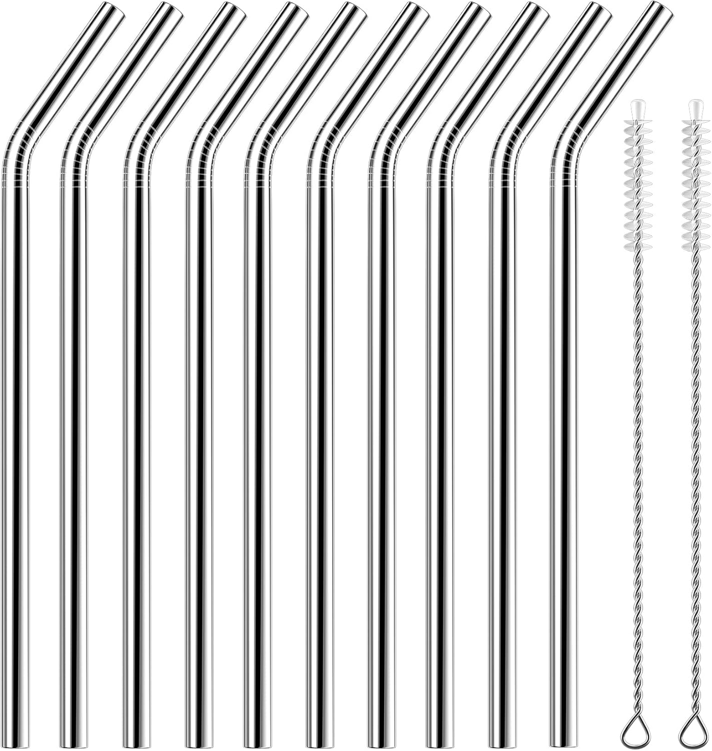 Set of 10 Stainless Steel Straws, HuaQi Straight Reusable Drinking Straws 10.5'' Long 0.24‘’ Dia for 30 oz Tumbler and 20 oz Tumbler, 2 Cleaning Brush Included (10 Straight Straw + 2 Brushes）
