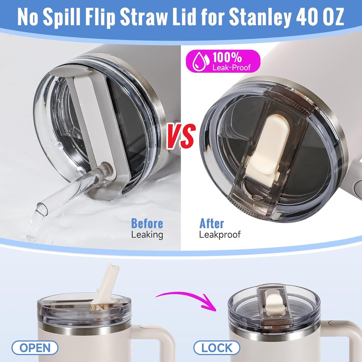 30oz Flip Straw Lid for Stanley Quencher H2.0 Tumbler, 2 Pack Leak Proof Lid Replacement No Spill Cover for Stanley Cup Accessories ProTour (Rose Quartz,Rose Quartz) - Colors C