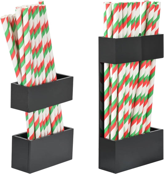 2 PACK Acrylic Straw Holder for Cabinet Doors, Reusable Straw Organizer with Ultra-Sticky Adhesive, Small Kitchen Accessories Container, Fits Both Short & Long Straws(Black)