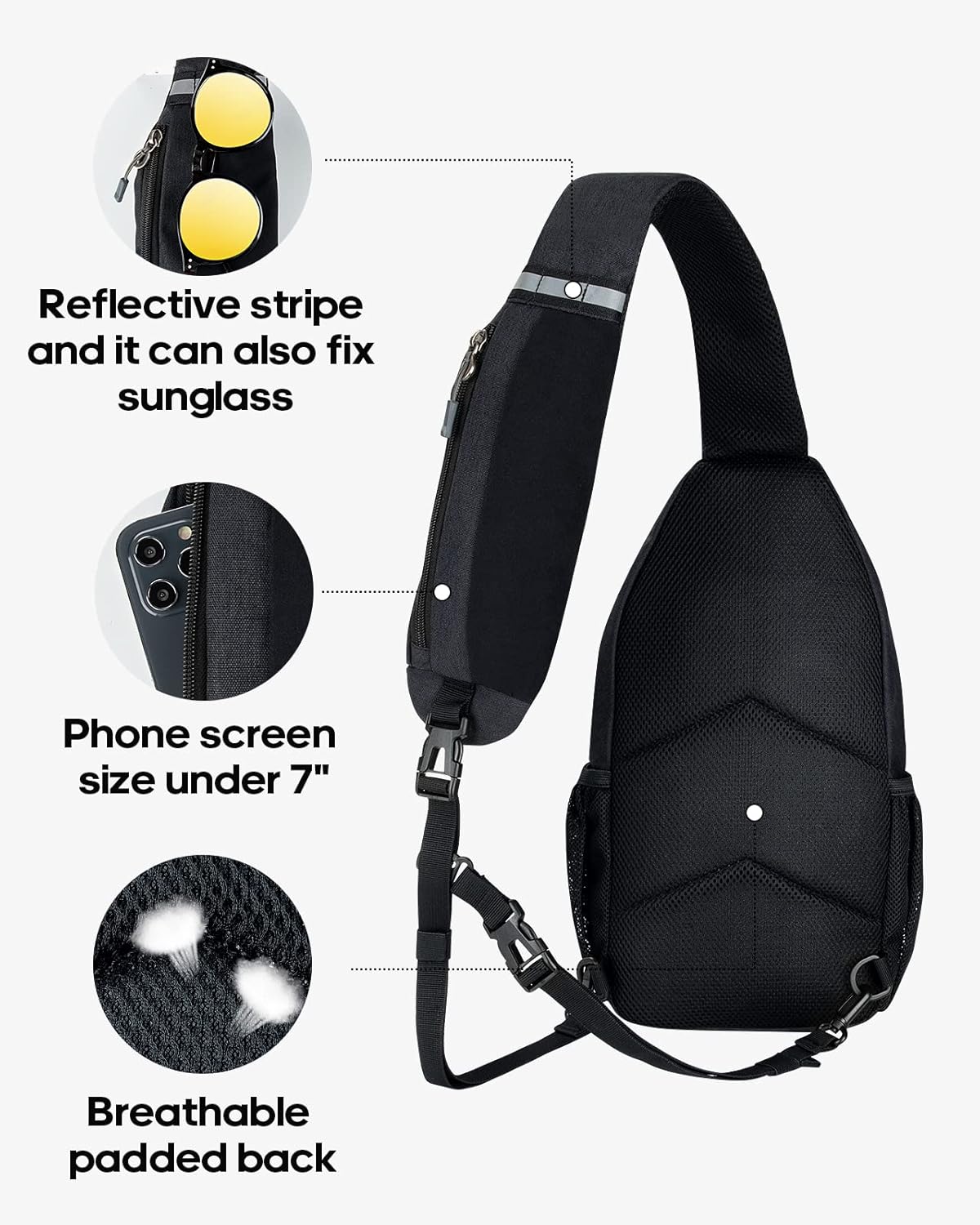 WATERFLY Crossbody Sling Backpack Sling Bag Travel Hiking Chest Bag Daypack (Black)
