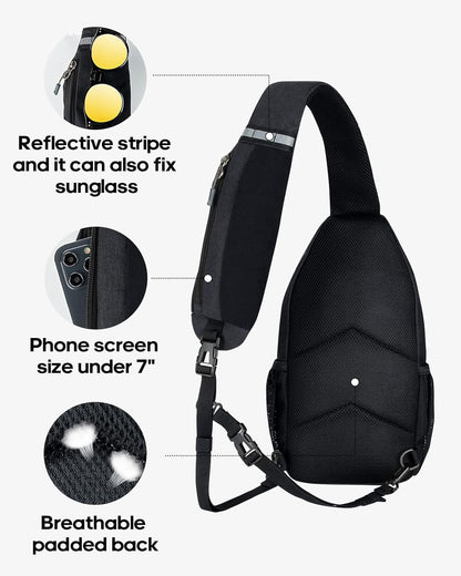 WATERFLY Crossbody Sling Backpack Sling Bag Travel Hiking Chest Bag Daypack (Black)