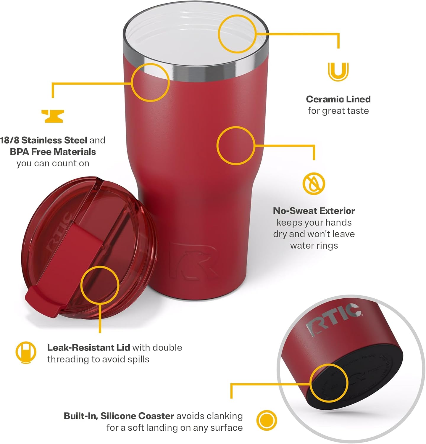 RTIC 20oz Essential Tumbler with Lid, Ceramic Lined, Insulated, Stainless Steel, Metal, Double Wall Vacuum-Insulation, Travel Cup for Iced Coffee, Tea, Hot and Cold Drink, Graphite