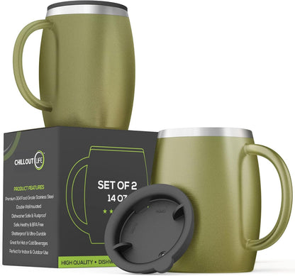 CHILLOUT LIFE Stainless Steel Insulated Coffee Mugs Set of 2 (14oz) – Double Wall Coffee Cups with Spill Resistant Lid & Strong Handle, Shatterproof Cups for Cold Drinks and Hot Beverages