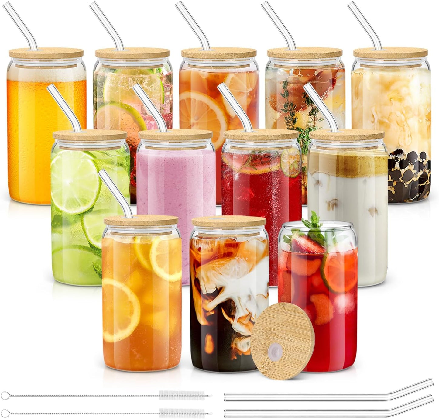 sungwoo 4PCS Glass Cups with Bamboo Lids and Straws, 16OZ Ice Coffee Cup, Drinking Cup set with Wooden Lids, Home Essential Glass Tumblers for Beer, Cocktail, Tea and Latte Clear