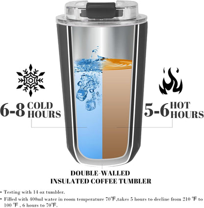 Puraville Insulated Tumblers with Lid, 14 oz Travel Coffee Mug Stainless Steel Vacuum Cup, Leak Proof Reusable Double Walled Coffee Tumbler for Iced and Hot Drinks, Cream