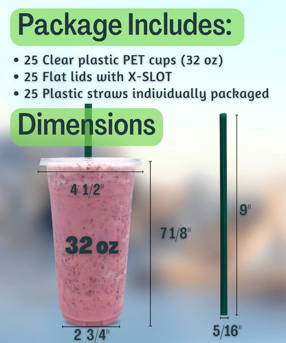 Cappatua 20 oz Clear Plastic Cups with Lids and STRAWS, Disposable Drinking Cups for Cold Drinks, Iced Coffee, Milkshakes, Smoothies, 25 Sets