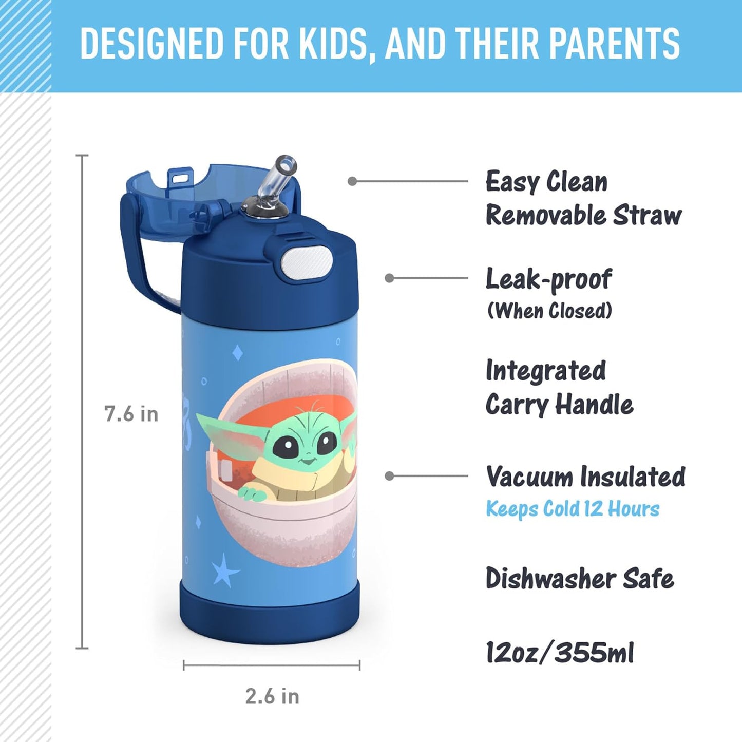 THERMOS FUNTAINER Water Bottle with Straw - 12 Ounce - Kids Stainless Steel Vacuum Insulated Water Bottle with Lid, Bluey - Colors A