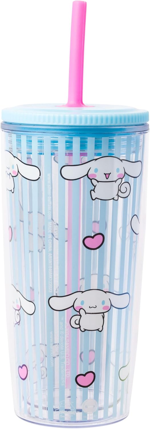 Silver Buffalo Sanrio Hello Kitty Milk Carton Pattern Plastic Boba Tumbler w Lid and Wide Straw, 24 Ounces