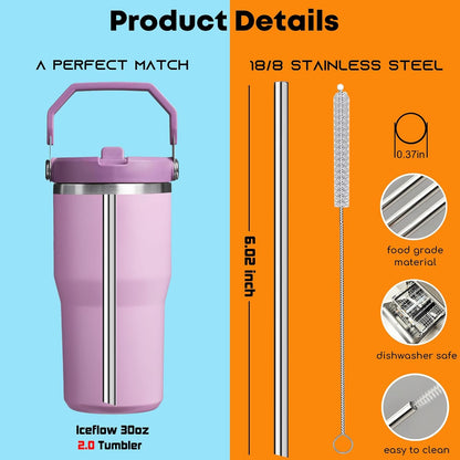 ALINK Stainless Steel Straws Compatible with Stanley Iceflow 30oz Flip Tumbler, 6 Pack Reusable Metal Straws for Stanley Ice Flow 30oz Cup Lid Only, Plus Straw Brush