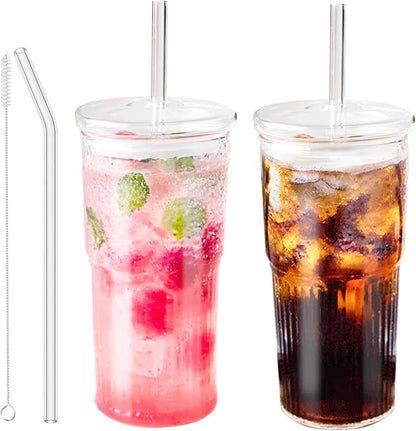 JunVpic Glass Cups with Lids and Straws,24oz Glass Tumbler with Handle Iced Coffee Cup for Coffee,Juice,Tea,Milk,Smoothie,Hot & Cold Drinks (Pink)