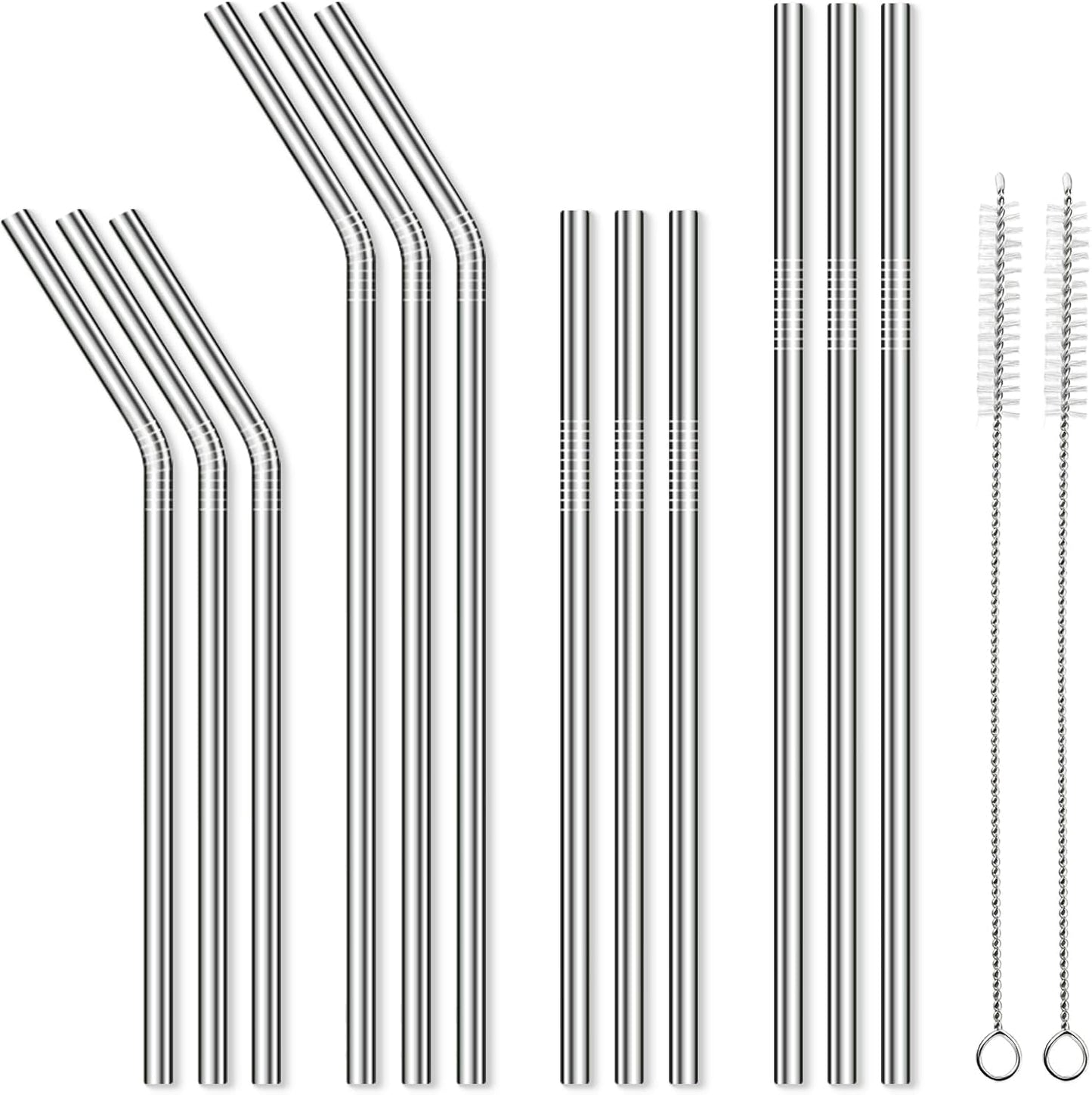 12 Pack Reusable Stainless Steel Metal Straws, 3 Straight + 3 Bent 10.5 Inch and 3 Straight + 3 Bent 8.5 Inch Metal Straws for 20 24 30 oz Tumblers Dishwasher Safe - 2 Cleaning Brushes Included