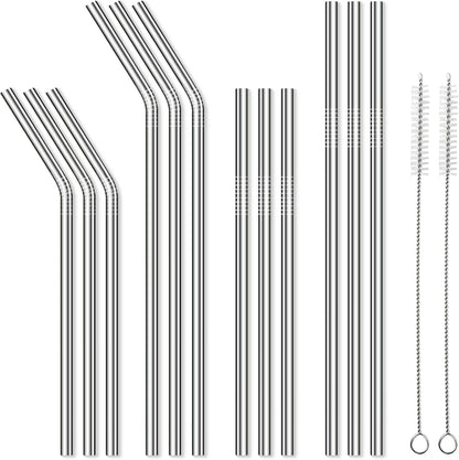 12 Pack Reusable Stainless Steel Metal Straws, 3 Straight + 3 Bent 10.5 Inch and 3 Straight + 3 Bent 8.5 Inch Metal Straws for 20 24 30 oz Tumblers Dishwasher Safe - 2 Cleaning Brushes Included