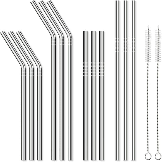 12 Pack Reusable Stainless Steel Metal Straws, 3 Straight + 3 Bent 10.5 Inch and 3 Straight + 3 Bent 8.5 Inch Metal Straws for 20 24 30 oz Tumblers Dishwasher Safe - 2 Cleaning Brushes Included