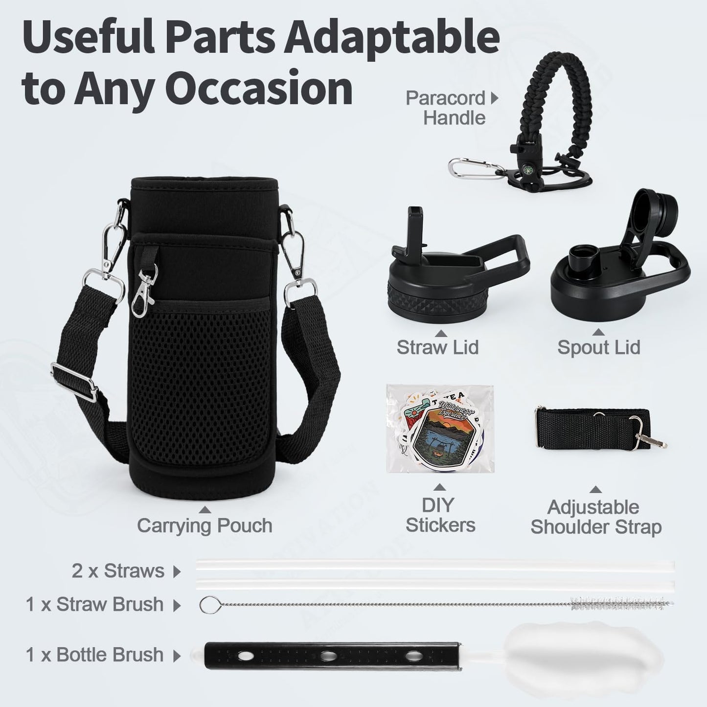 WixByti 40 oz Insulated Water Bottle with Straw (Cold for 36 Hrs), Stainless Steel Triple Wall Vacuum Sports Water Jug, Leakproof Hydro Cup Flask with Paracord Handle & Straw Spout Lids & DIY Stickers
