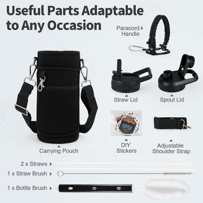 WixByti 40 oz Insulated Water Bottle with Straw (Cold for 36 Hrs), Stainless Steel Triple Wall Vacuum Sports Water Jug, Leakproof Hydro Cup Flask with Paracord Handle & Straw Spout Lids & DIY Stickers