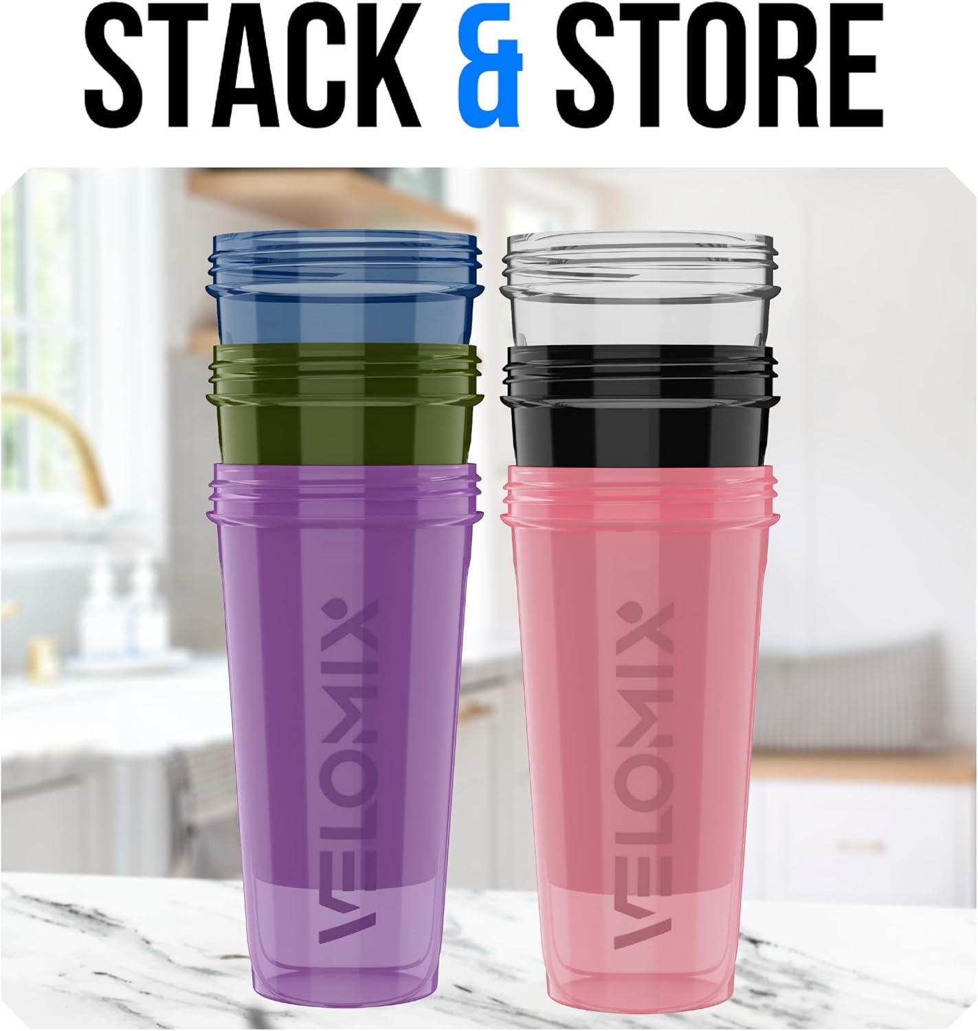 VELOMIX -6 PACK- 28 oz Protein Shaker Bottle for Protein Mixes -6x Wire Whisk | Leak Proof Shaker Cups for Protein Shakes | Large, Stackable Protein Shaker Bottle Pack