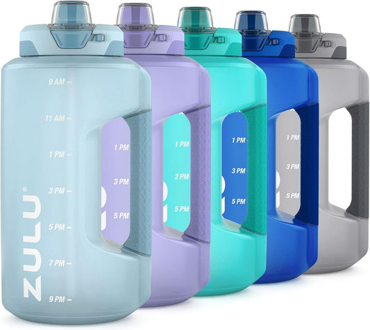 ZULU Goals 64oz Half Gallon Plastic Water Bottle with Straw and Time Marker | Large Reusable Jug with Handle and Leak Proof Lid for All Day Hydration, Gym and Outdoors, Gift Ready, Violet