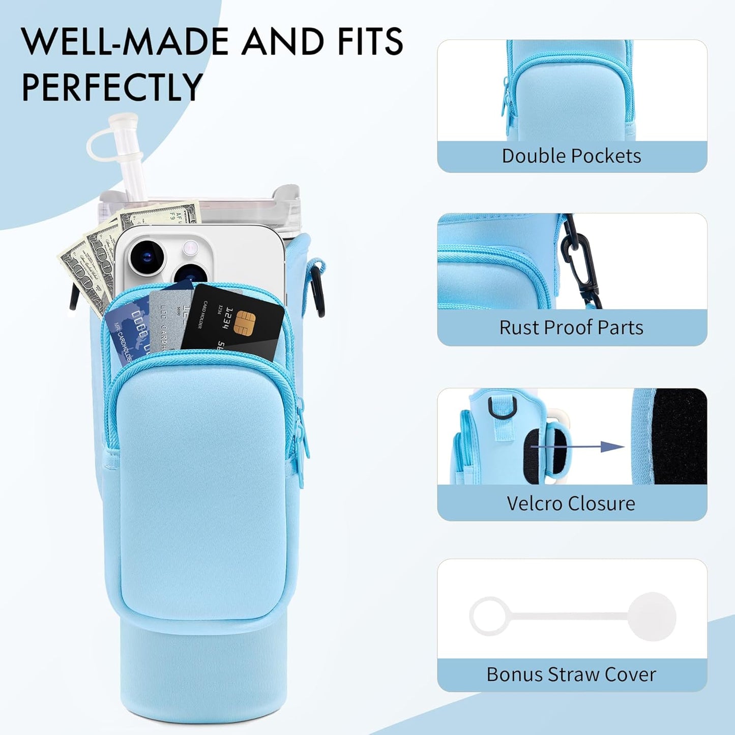 JEBEALUO Water Bottle Carrier Bag with Phone Pocket for Stanley Cup 40/30 oz, Water Bottle Holder with Adjustable Strap& Straw Cover, Stanley Cup Accessories