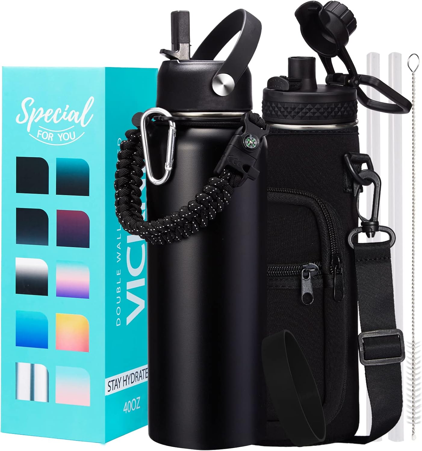 32/40/64OZ Insulated Water Bottle - Keep Cold 48H Hot 24H, Combo Straw/Spout Lids, Paracord Handle for Gym/Hiking, Carrier Bag +Strap, Cup Mat, BPA-Free Stainless Steel Flask Jug