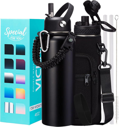 32/40/64OZ Insulated Water Bottle - Keep Cold 48H Hot 24H, Combo Straw/Spout Lids, Paracord Handle for Gym/Hiking, Carrier Bag +Strap, Cup Mat, BPA-Free Stainless Steel Flask Jug