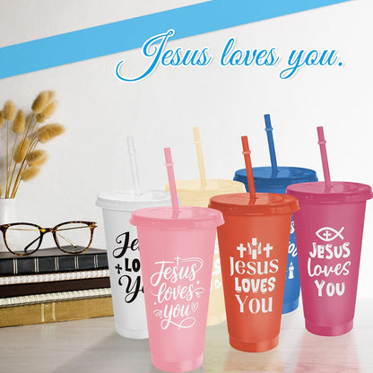 Cinrobiye 24 Pcs Jesus Loves You Tumblers Bulk, 24 oz Christian Plastic Cups with Lids and Straws, Reusable Religious Gift Cups for VBS, Sunday School, Church Events, Bible Study Party Favors