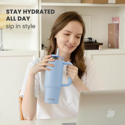 40 oz Tumbler with Handle and Straw Lid,Insulated Reusable Stainless Steel Water Bottle Travel Mug，Cupholder Friendly Double Wall Vacuum Sealed Cup (Black)