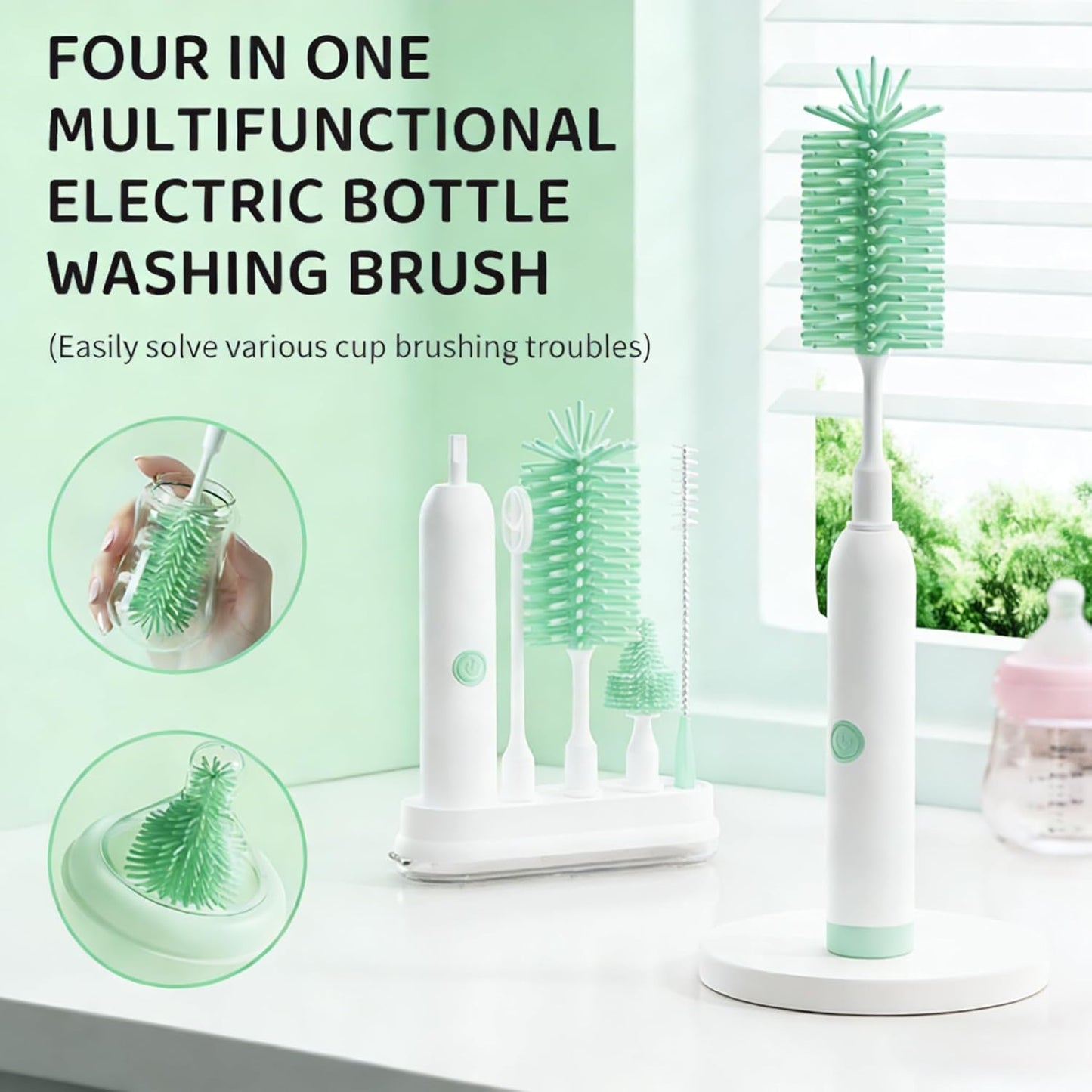 Rechargeable Electric Bottle Brush with Stand - 360° Spin Silicone Cleaner for Baby Bottles, Breast Pumps & Small Household Containers (Sea Blue)