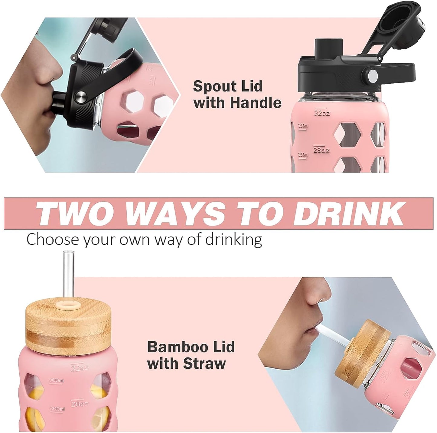 MUKOKO Glass Water Bottles, 32oz Glass Tumbler with Straw, Drinking Bottles with 2 Lids-Handle Spout Lid&Bamboo Straw Lid, Motivational Water Bottle with Time Marker and Silicone Sleeve, 1 Pack-Olive
