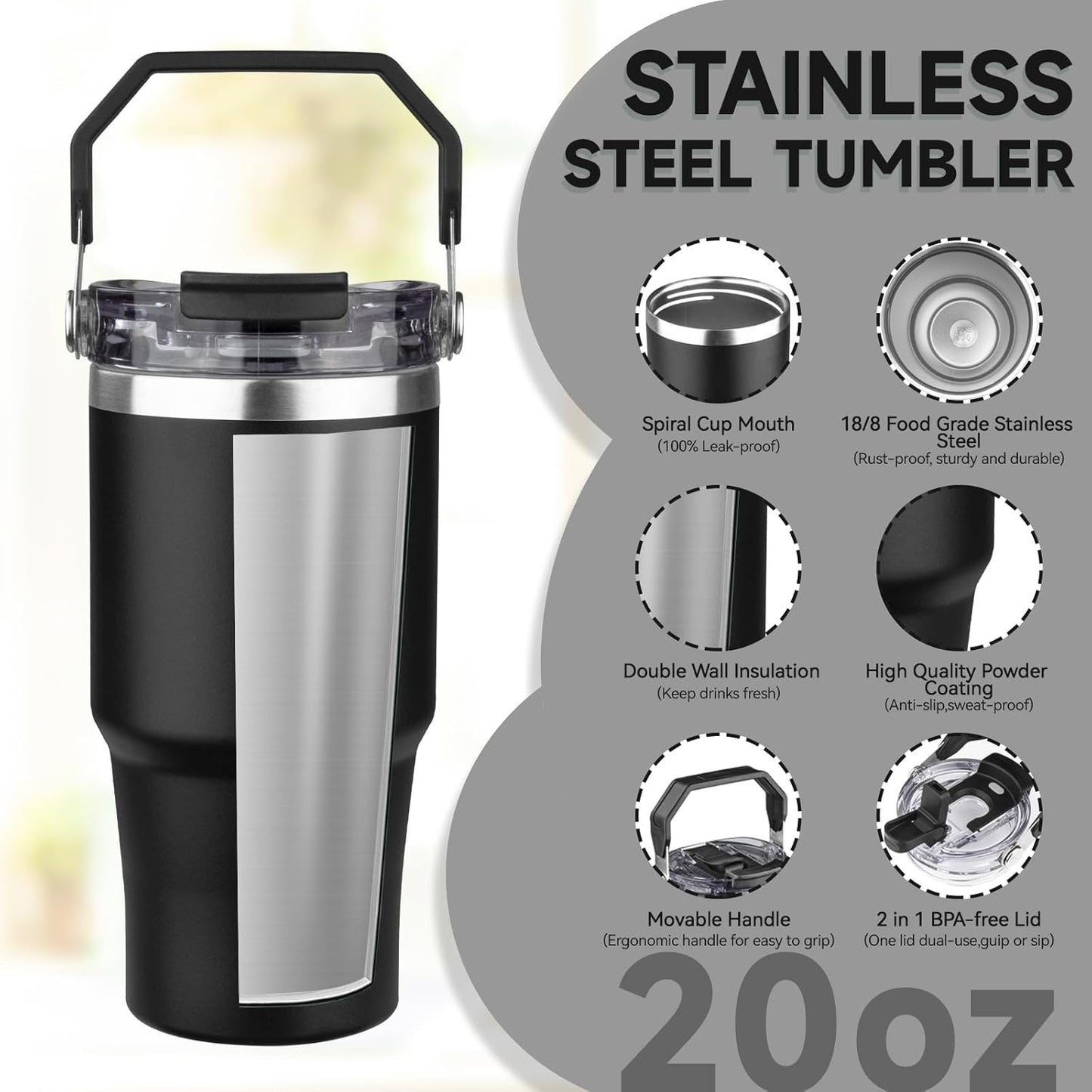 30oz Tumbler with Handle and Flip Straw Lid Double Wall Insulated Travel Coffee Mug Stainless Steel Vacuum Insulated Coffee Tumbler Cup for Hot and Cold Beverages,Leak-proof&BPA-free (30oz,Black)