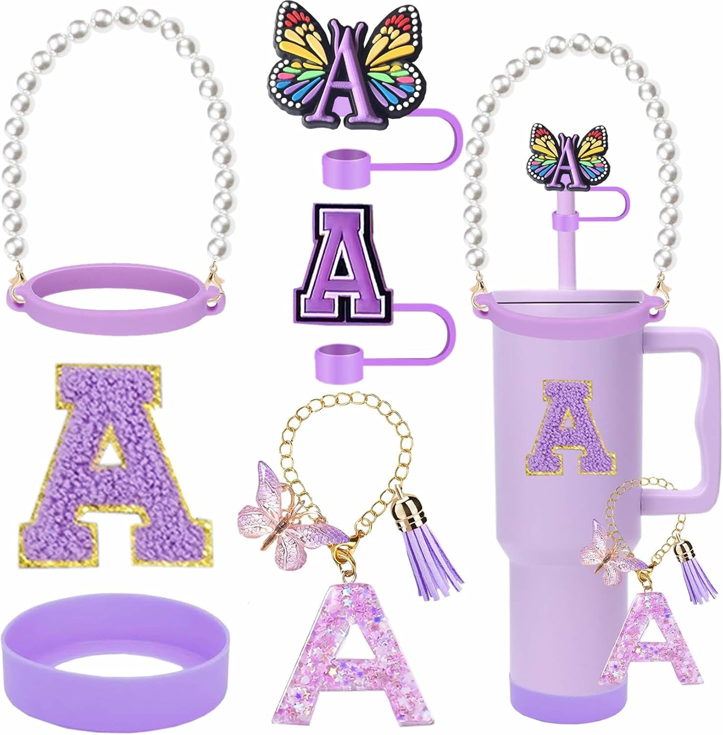 7pcs Cup Accessories for Stanley 30/40oz Tumbler, Handle Strap, Straw Cover, Silicone Boot, Letter Charm Stickers