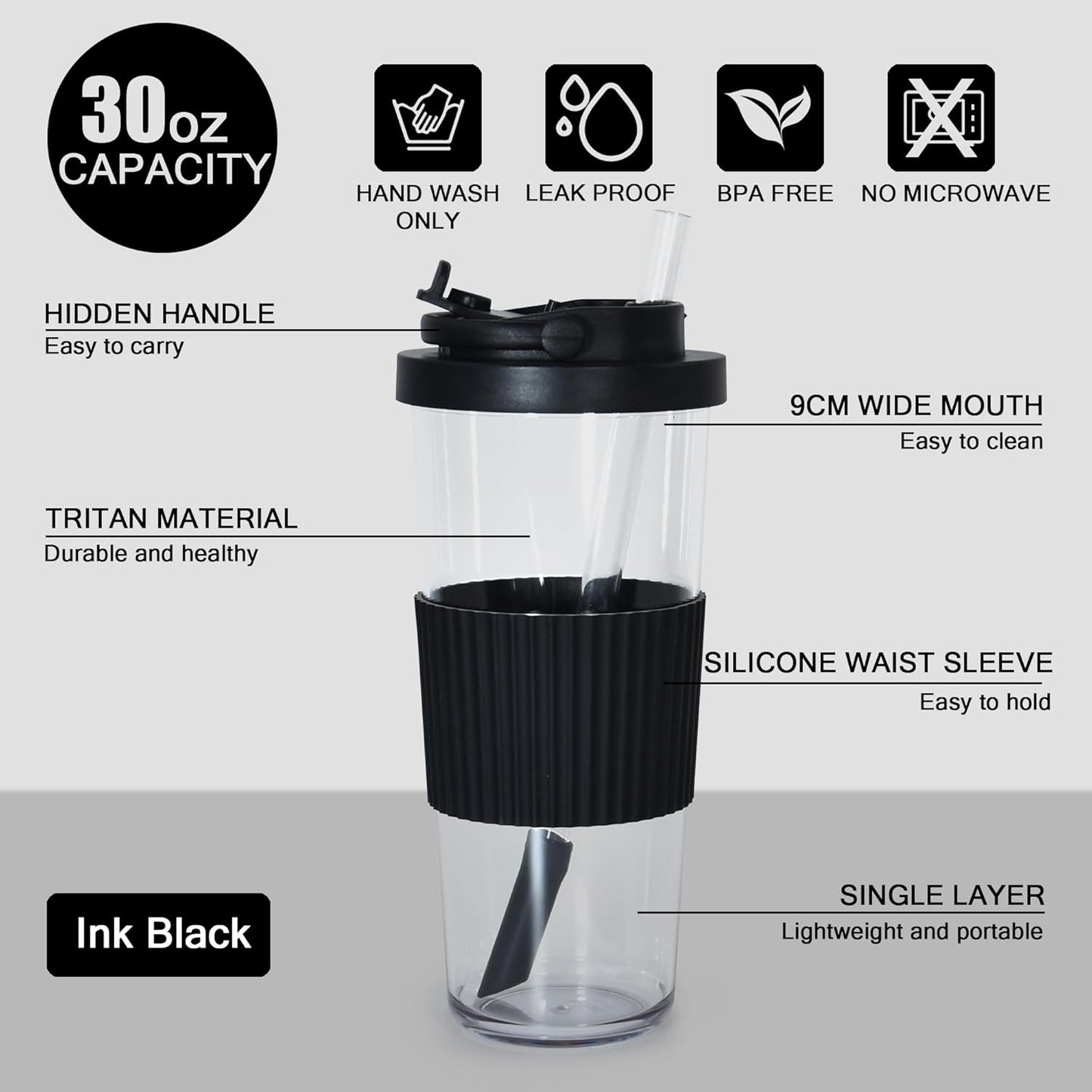 sweet grain Reusable Boba Cup - 24oz Tritan Boba tumbler with Lid and Straw, BPA Free Leakproof Bubble/Boba Tea Cup with Carry Handle for Ice Coffee Smoothies - Black