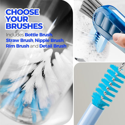 Holikme 6 Pack Bottle Brush Set, 14" Long Handle Stainless Steel Bottle Cleaner Brush, 3 Straw Brushes, 4-in-1 Bottle Cleaning Brush for Water Bottle, Antistatic Lab Brushes Straws, Black