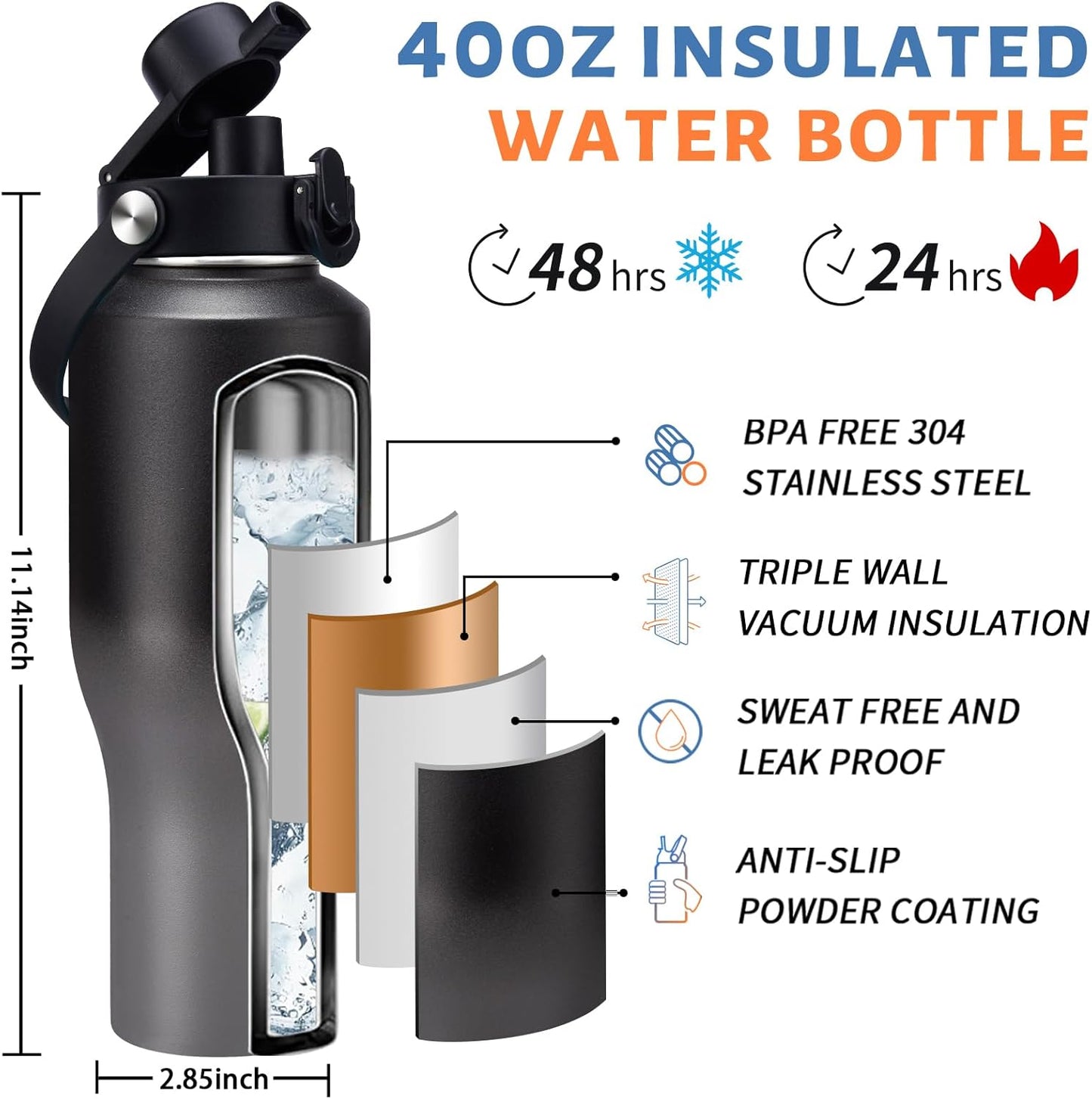 Insulated Water Bottle 40 oz - Fits in any Car Cup Holder, Keep Cold 48H Hot 24H, Stainless Steel Waterbottle Double Wall Flask with Straw, Pop-up Spout Lid, Paracord Handle, Carrier Bag