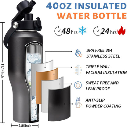Insulated Water Bottle 40 oz - Fits in any Car Cup Holder, Keep Cold 48H Hot 24H, Stainless Steel Waterbottle Double Wall Flask with Straw, Pop-up Spout Lid, Paracord Handle, Carrier Bag
