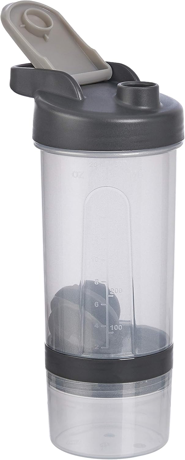 Amazon Basics Protein Shaker Bottle with Mixer Ball, Dishwasher Safe, 20 oz, Gray, 2-Pack