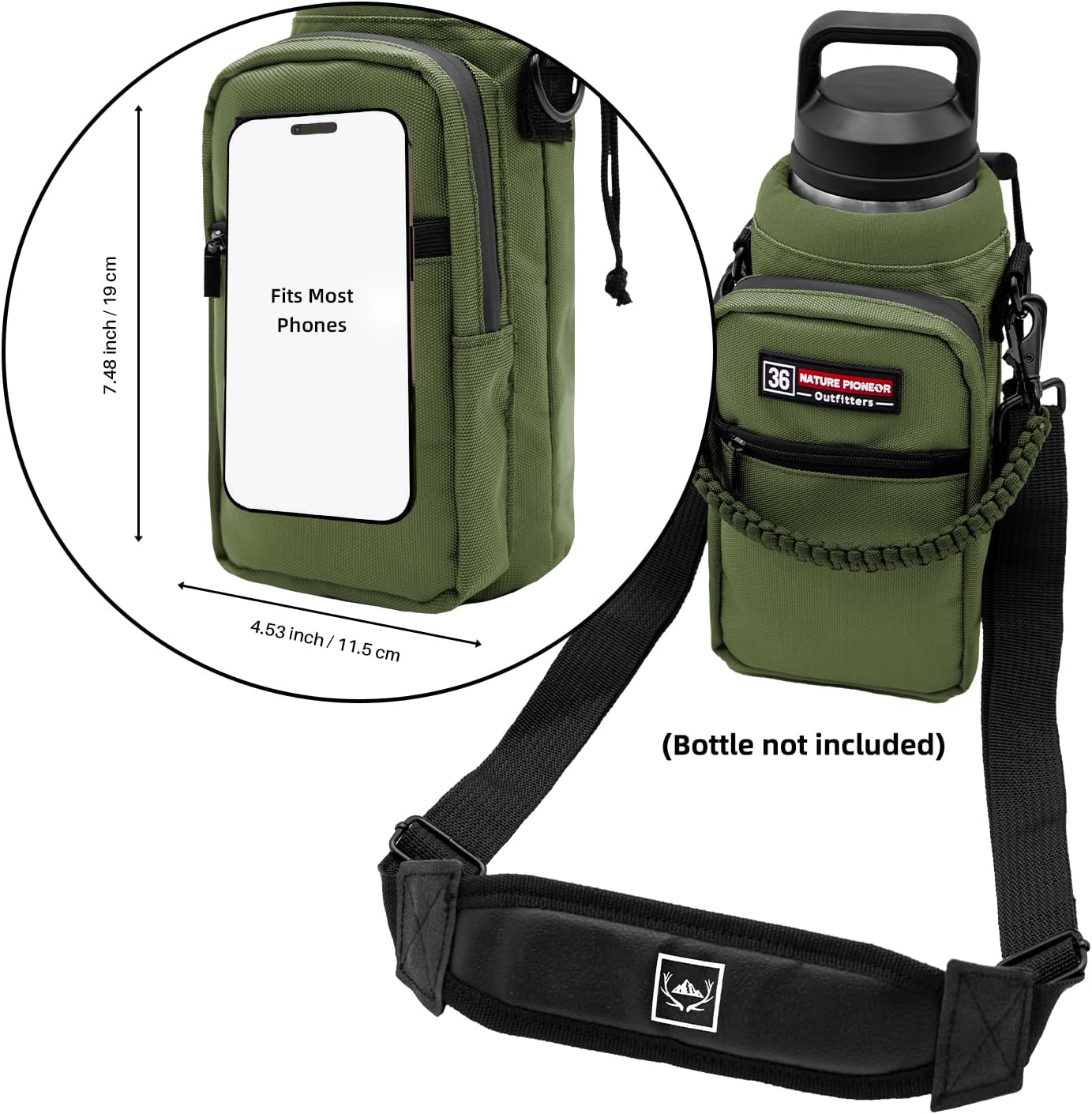 NATURE PIONEOR Water Bottle Holder with Adjustable Strap - 26/32/36/40/46/64oz Insulated Water Bottle Sling Carrier with Paracord Handle & 2 Pockets, Outdoor Sports, Hiking, Camping, Gym