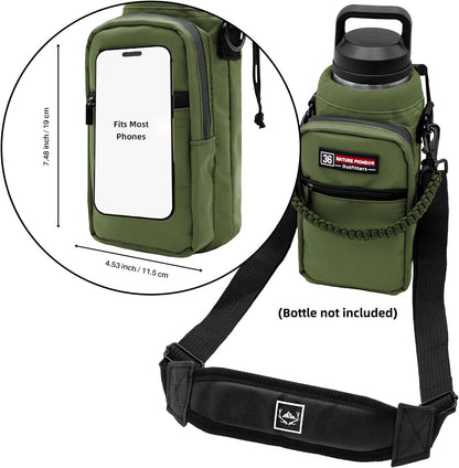 NATURE PIONEOR Water Bottle Holder with Adjustable Strap - 26/32/36/40/46/64oz Insulated Water Bottle Sling Carrier with Paracord Handle & 2 Pockets, Outdoor Sports, Hiking, Camping, Gym