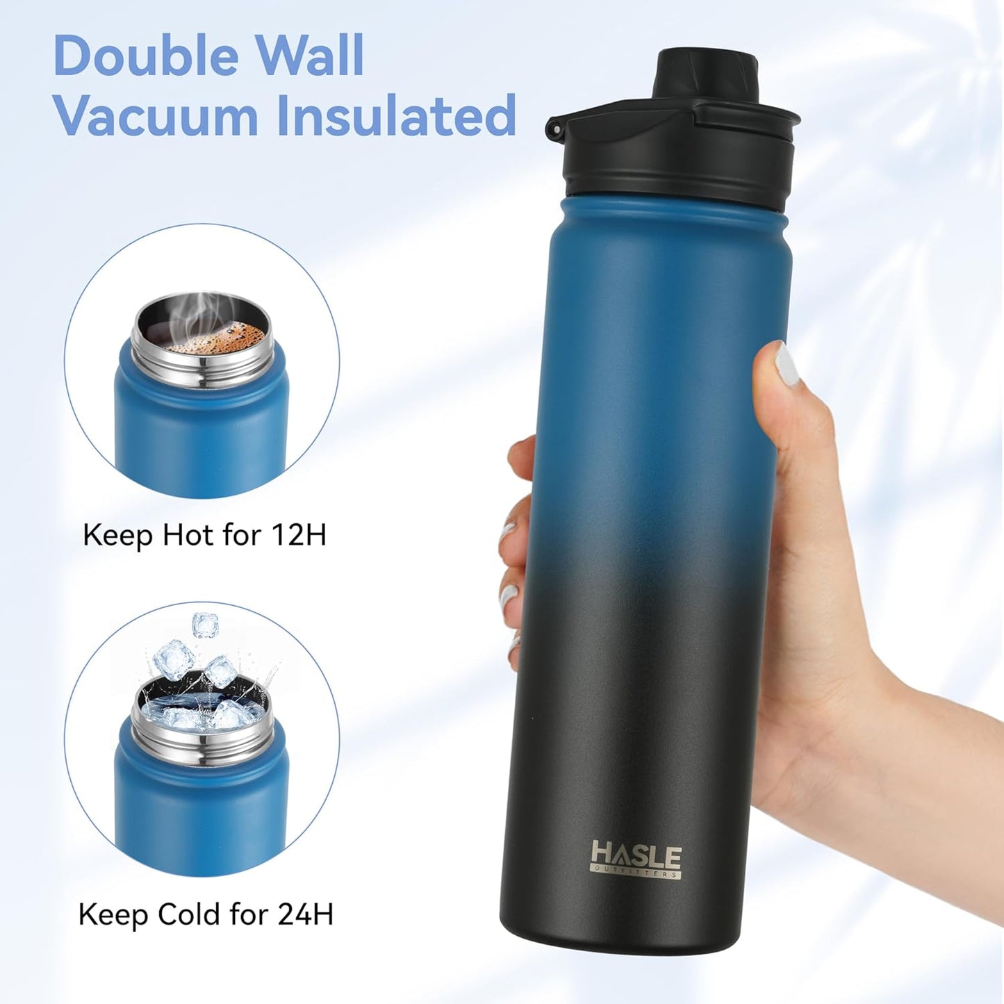 HASLE OUTFITTERS 32 oz Insulated Water Bottle Stainless Steel Double Walled Vacuum Sports Water Bottle with 2 Lids (Straw and Spout Lid) for Gym Camping Hiking(Black,1)