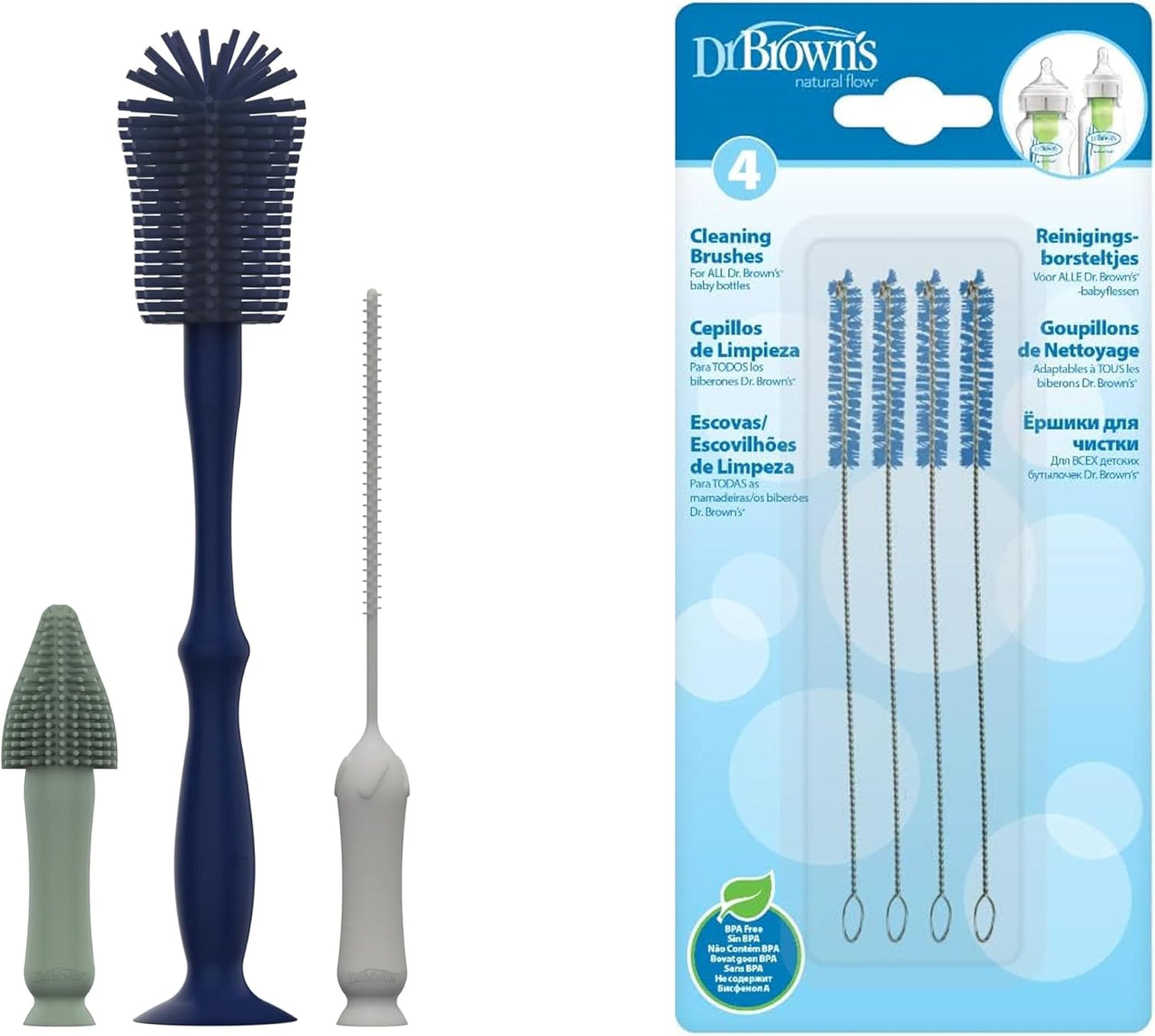 Dr. Brown's Silicone Cleaning Brush Set with Bottle, Spout, and Straw Brush, 3 Brushes to Clean Baby Bottles, Spouts, Nipples, and Straws, BPA Free – 3-Pack