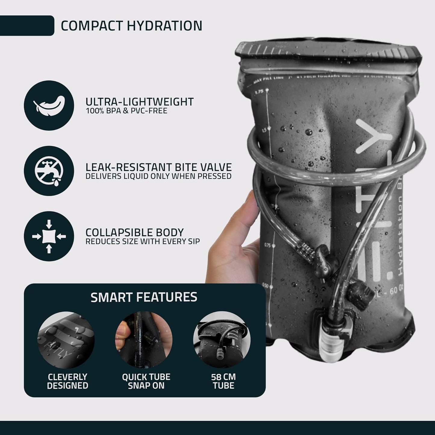 FITLY Soft Flask - Shrink As You Drink Soft Water Bottle for Hydration Pack - Folding Water Bottle Ideal for Running, Hiking, Cycling, Climbing & Rigorous Activity