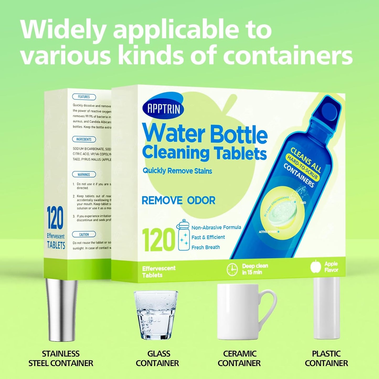 Water Bottle Cleaning Tablets, Bottle Clean Tablet for Hydration Bladders, Stainless Steel, Tumblers, and Glass Bottles, 120 count (Pack of 1), Apple