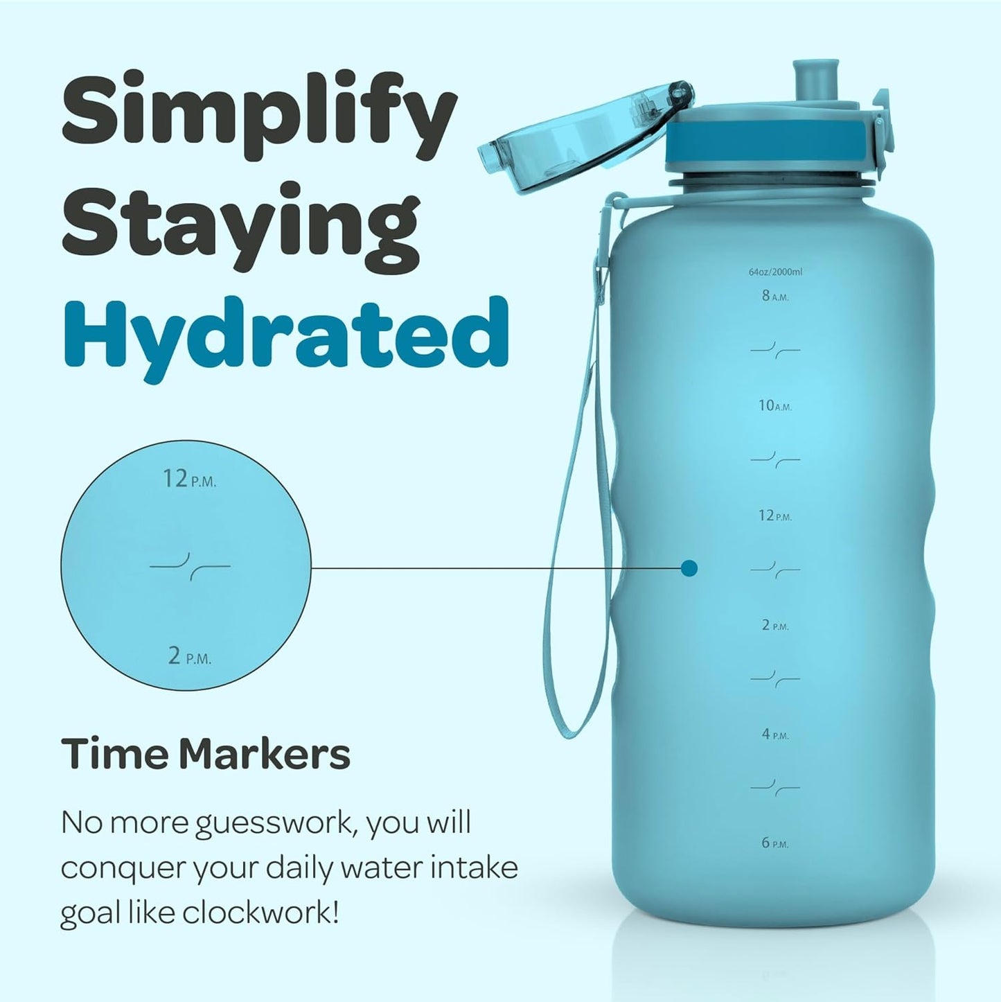 Hydracy Water Bottle with Time Marker -Large BPA Free Water Bottle & No Sweat Sleeve -Leak Proof Gym Bottle with Times to Drink - Ideal for Fitness Sports & Outdoors