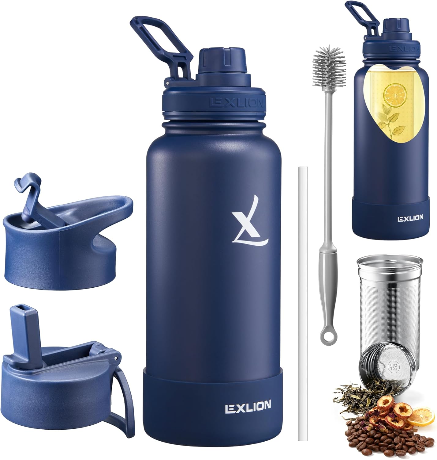 Lexlion Tea Infuser Water Bottle 32 Oz – Triple Wall Insulated Stainless Steel, Loose Leaf & Fruit Strainer, 3 Leakproof Lids, BPA-Free Silicone Sleeve, Reusable Thermal Mug