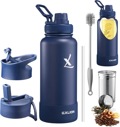 Lexlion Tea Infuser Water Bottle 32 Oz – Triple Wall Insulated Stainless Steel, Loose Leaf & Fruit Strainer, 3 Leakproof Lids, BPA-Free Silicone Sleeve, Reusable Thermal Mug