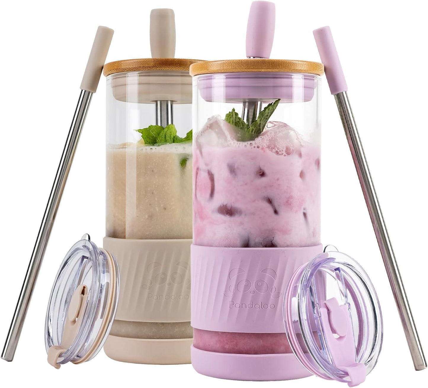 Pandaloo® Glass Cups With Lids and Straws -20 Fl Oz- Perfect Size Iced Coffee Cup - Smoothie Cup With Bamboo Lid and On the go Lid - Glass Tumbler With Straw (1 Count (Pack of 1), Lilac Rhapsody)