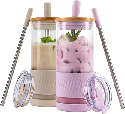 Pandaloo® Glass Cups With Lids and Straws -20 Fl Oz- Perfect Size Iced Coffee Cup - Smoothie Cup With Bamboo Lid and On the go Lid - Glass Tumbler With Straw (1 Count (Pack of 1), Lilac Rhapsody)